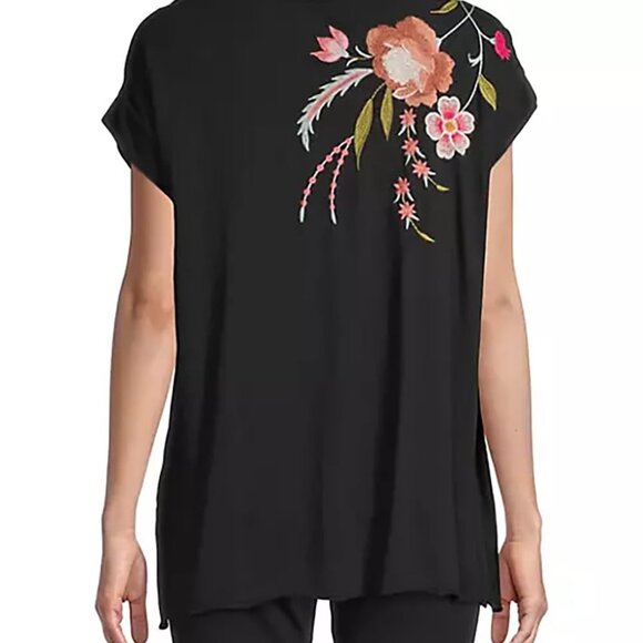 Johnny Was Joya Relaxed Drape Tee Flowers Black Shirt Floral Embroidery Top New - Picture 4 of 8